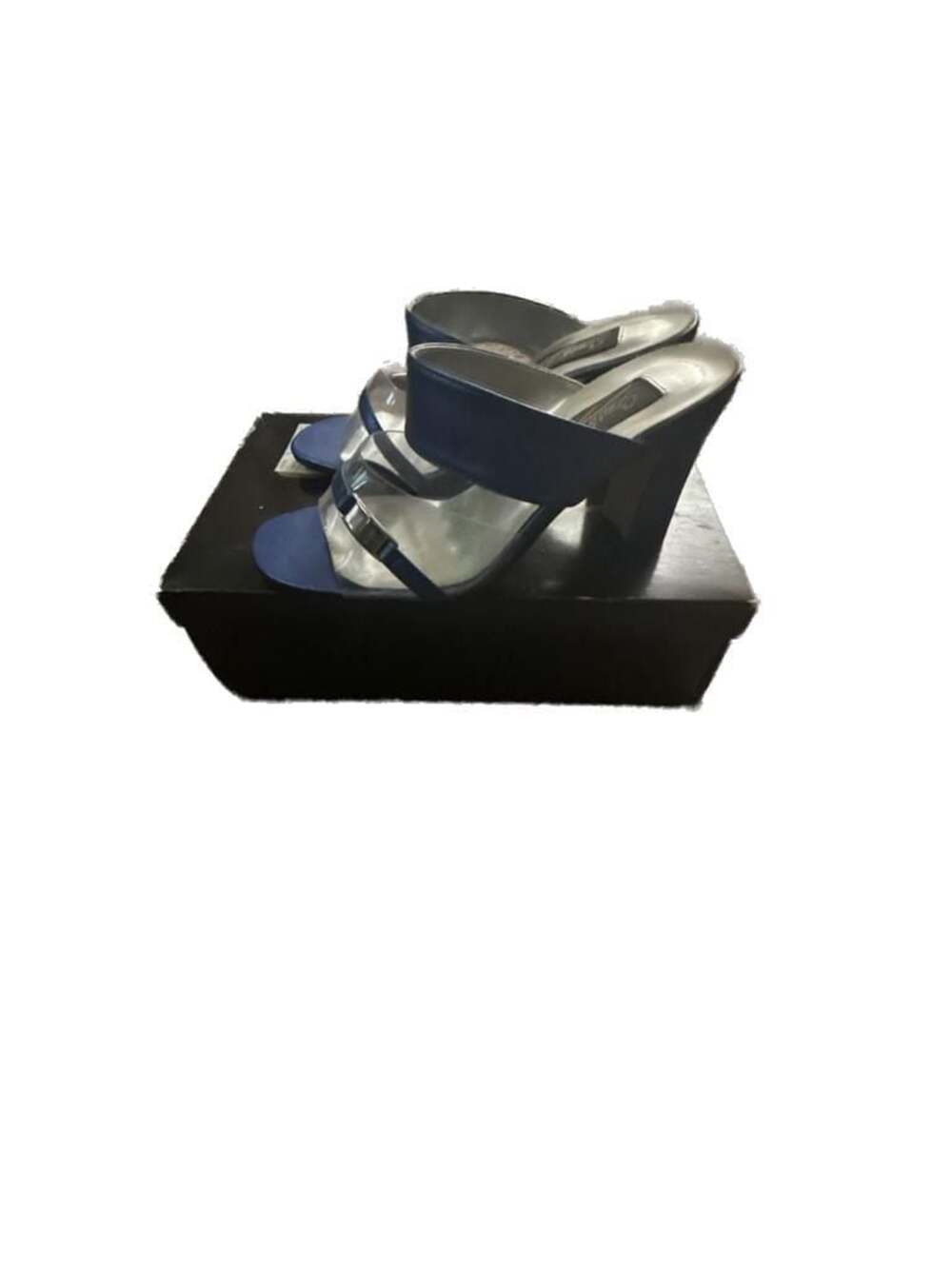 South Beach Blue Vinyl Multi-Strap High Heel Mules
